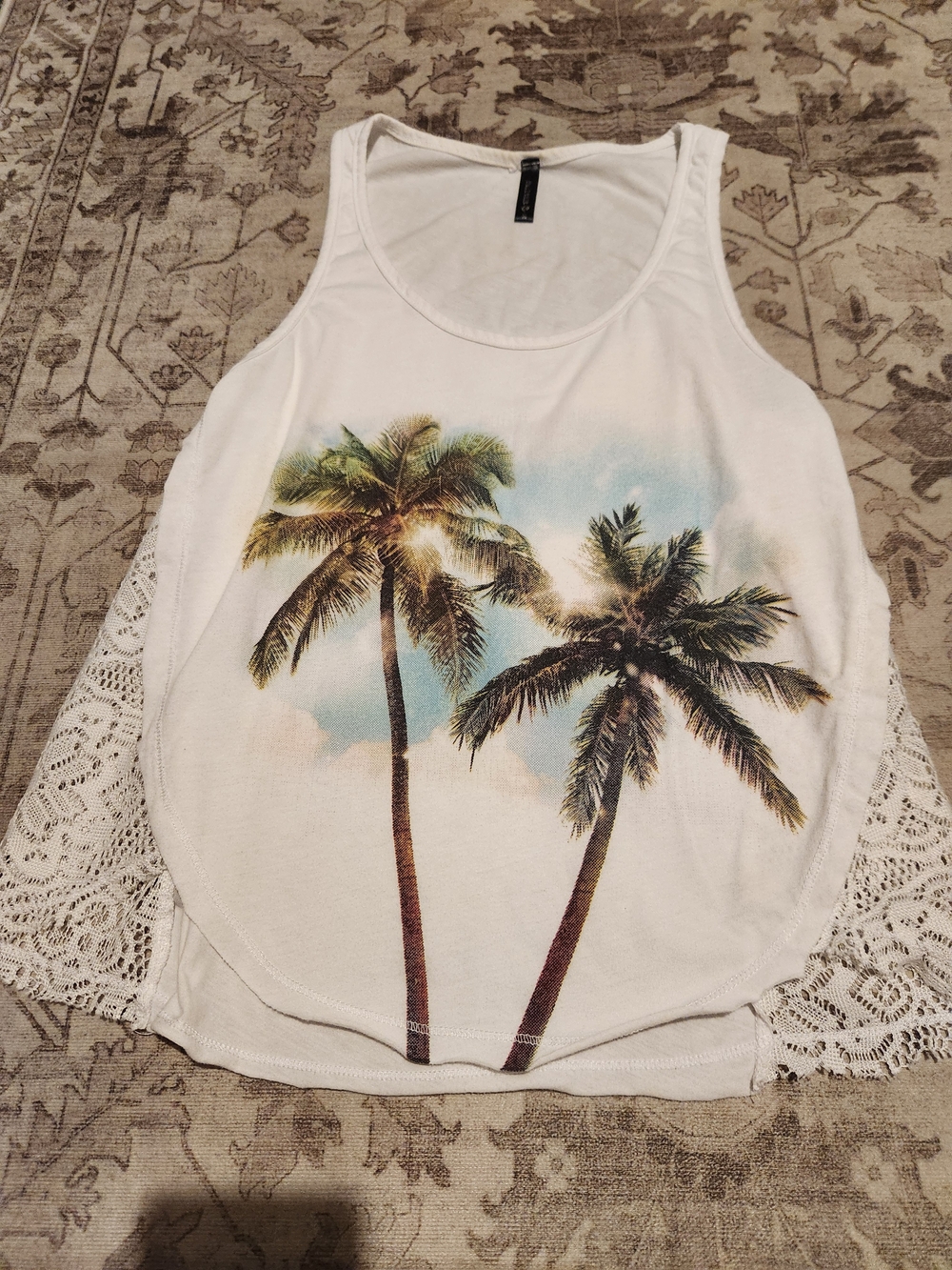 Full Tilt White Palm Print Lace-Panel Tank